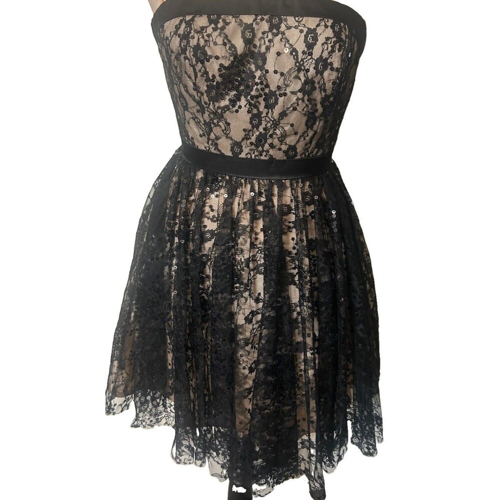 Aidan Mattox Strapless Black Ivory Lace Overlay Beads Mini Cocktail Dress Sz 0